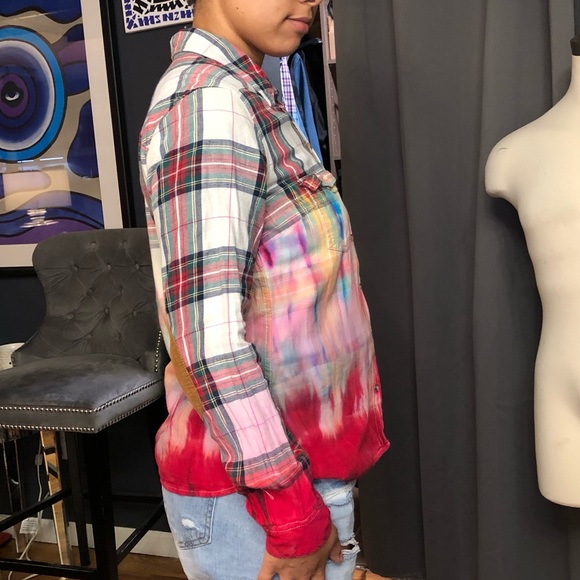❤️ L.O.G.G. By H&M dip-dyed tie-dyed plaid shirt 42 / 12 one of one - Picture 12 of 15